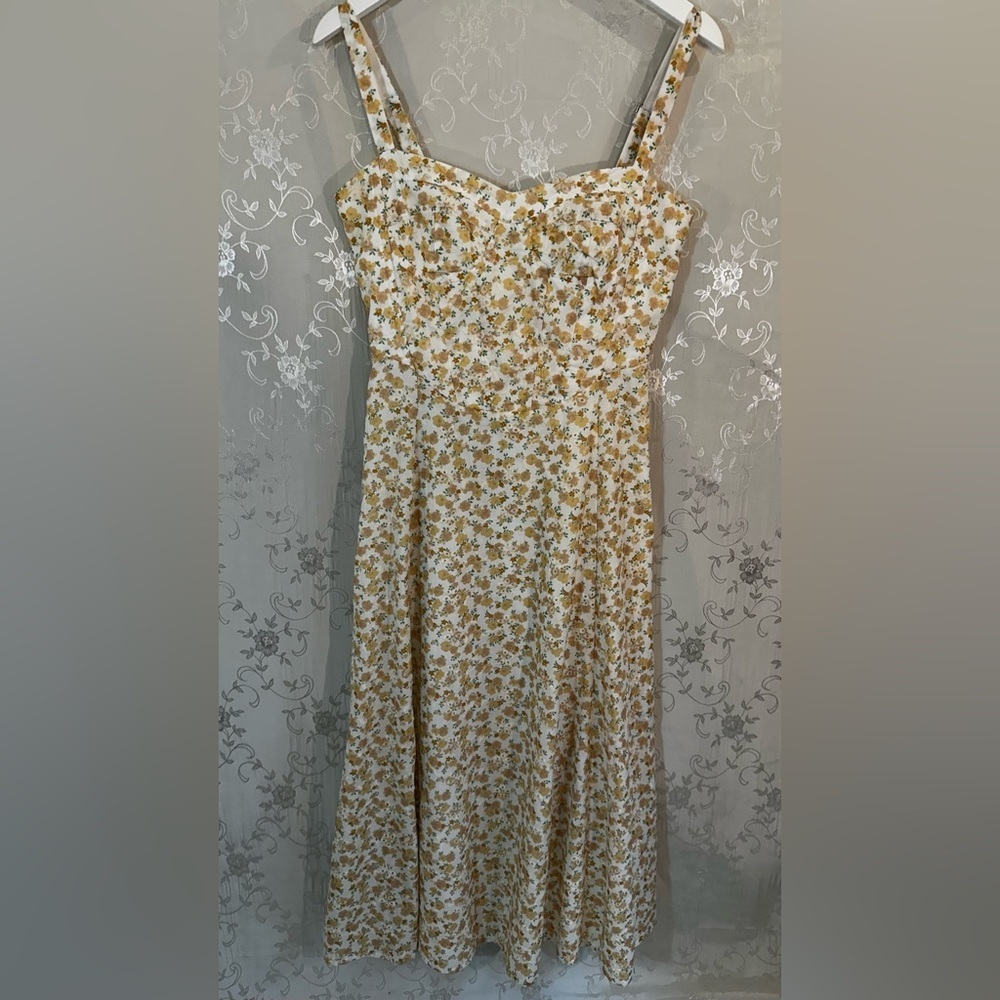 Moon River Cream Yellow Floral Print Lace Corset Midi Dress Small Brunch Girly - Picture 13 of 15